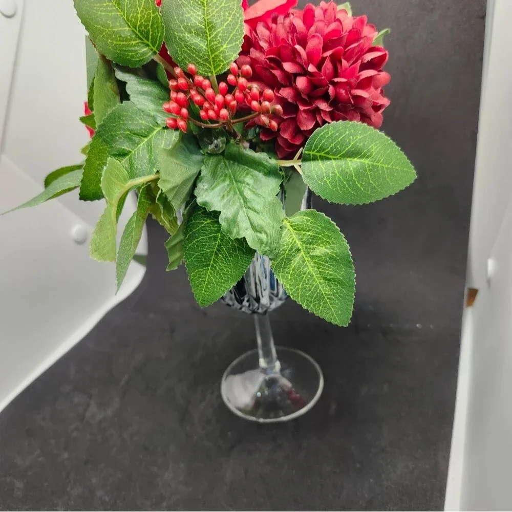 Hand Crafted Floral Table Centerpiece Summer Red Roses Flower Wine Glass